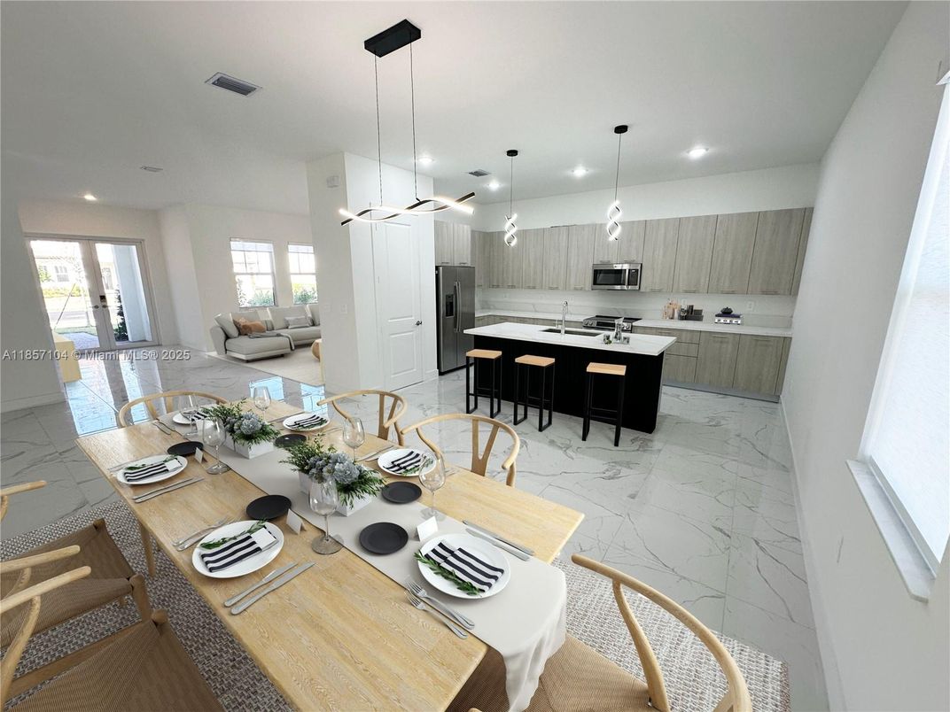 Dining room, Interior, Kitchen, Living room, Marble, Pendant Lights, Recessed Lighting, Stainless Steel Appliances