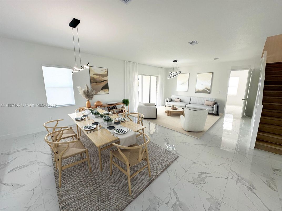 Dining room, Interior, Living room, Marble, Pendant Lights