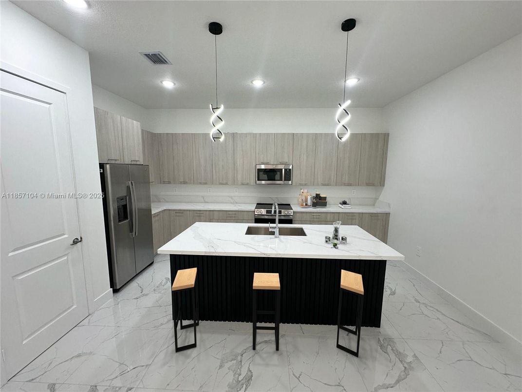 Interior, Kitchen, Marble, Pendant Lights, Recessed Lighting, Stainless Steel Appliances