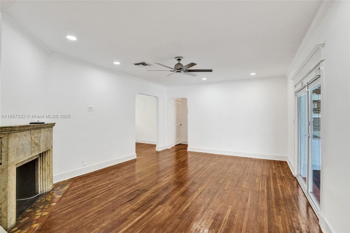 Empty room, Fireplace, Interior, Recessed Lighting, Wood Texture Flooring