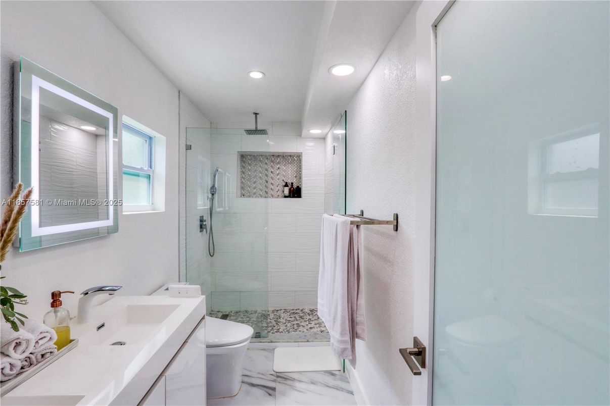 Bathroom, Glass Shower, Interior, Marble, Recessed Lighting
