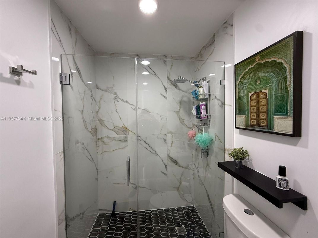 Bathroom, Glass Shower, Interior, Marble Walls, Recessed Lighting