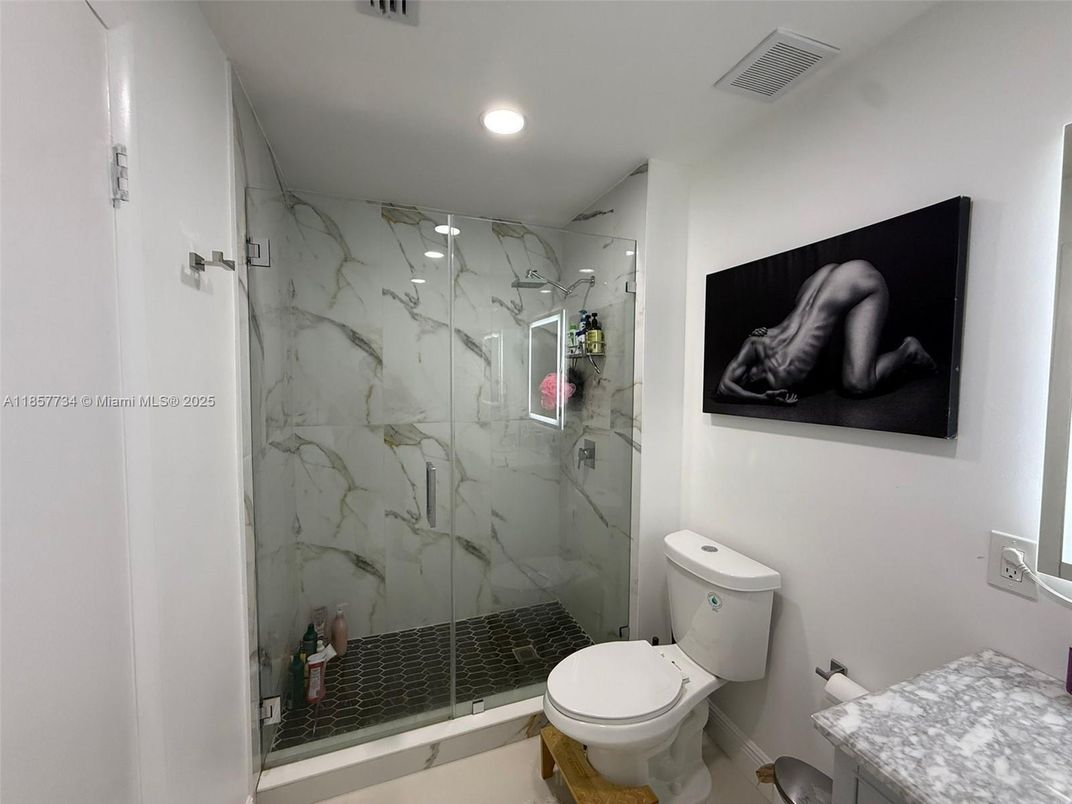 Bathroom, Glass Shower, Interior, Marble Walls, Recessed Lighting