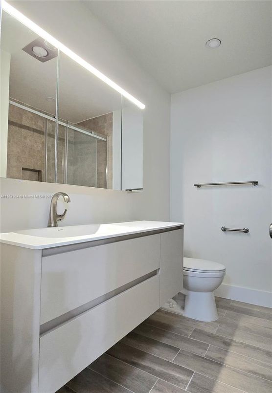 Bathroom, Glass Shower, Interior, Recessed Lighting, Wood Texture Flooring