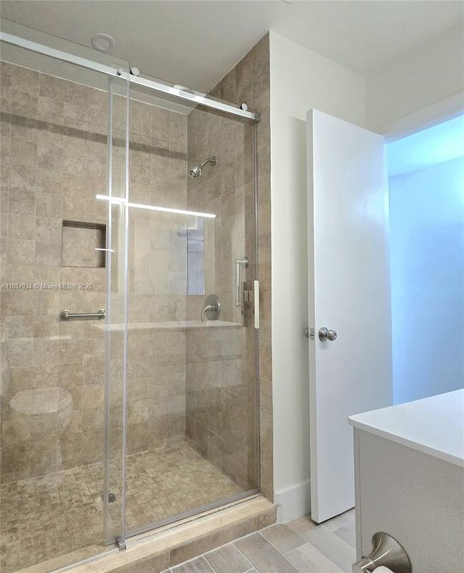 Bathroom, Glass Shower, Interior, Wood Texture Flooring