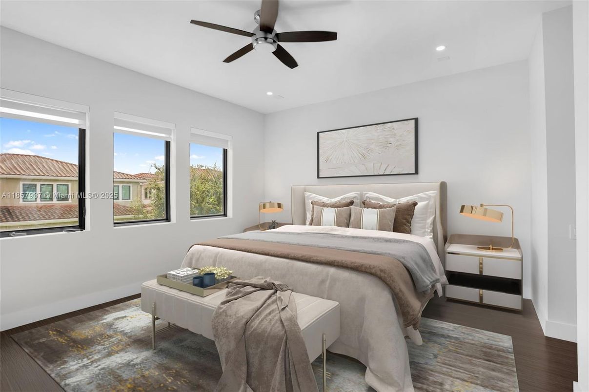 Bedroom, Interior, Recessed Lighting, Wood Texture Flooring