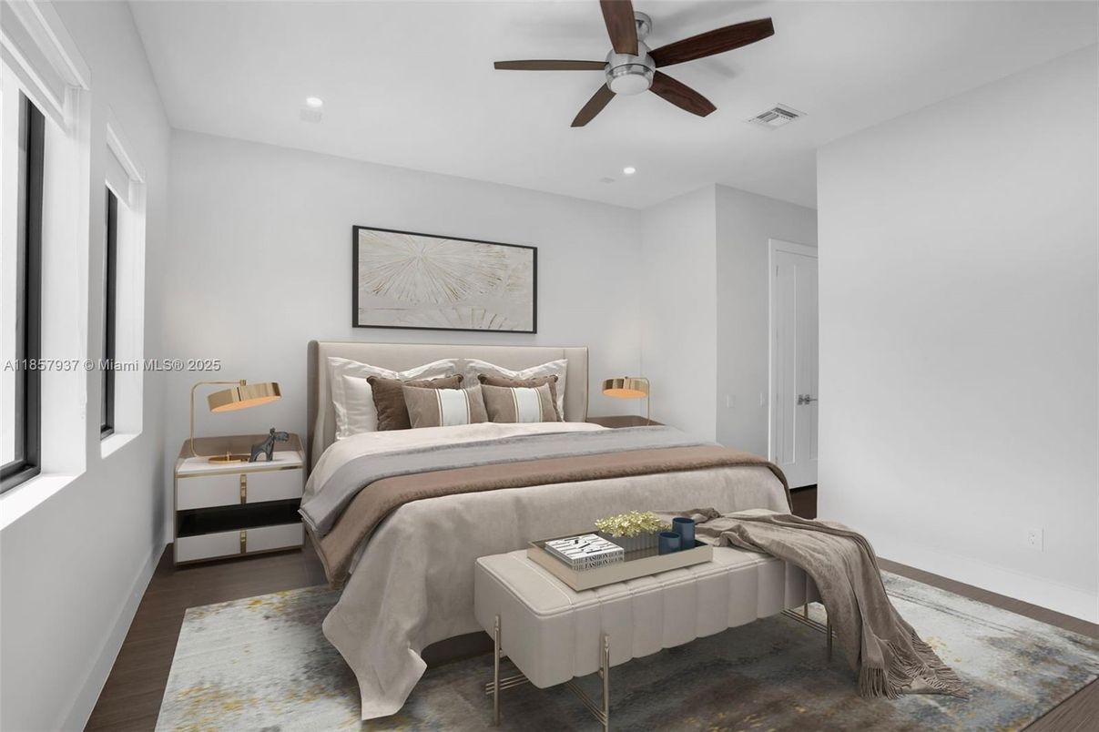 Bedroom, Interior, Recessed Lighting, Wood Texture Flooring