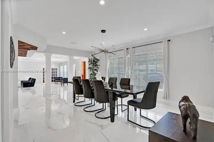 Dining room, Interior, Marble, Pendant Lights, Recessed Lighting