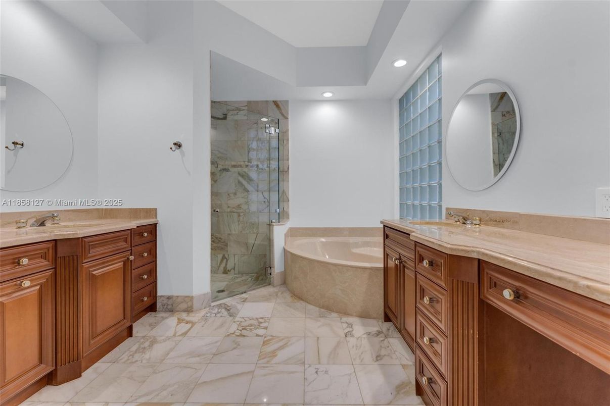 Bathroom, Dual Sink Vanities, Glass Shower, Interior, Marble, Recessed Lighting