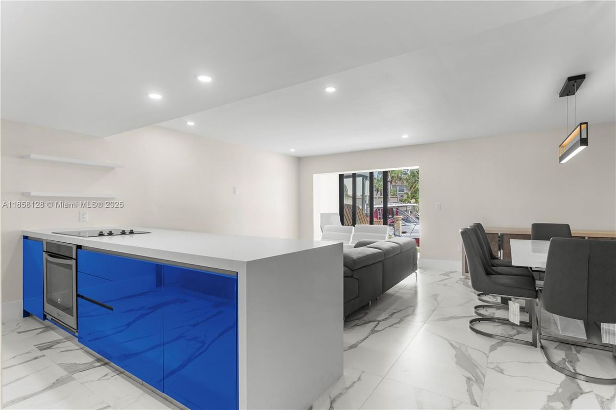 Dining room, Interior, Kitchen, Living room, Marble, Pendant Lights, Recessed Lighting