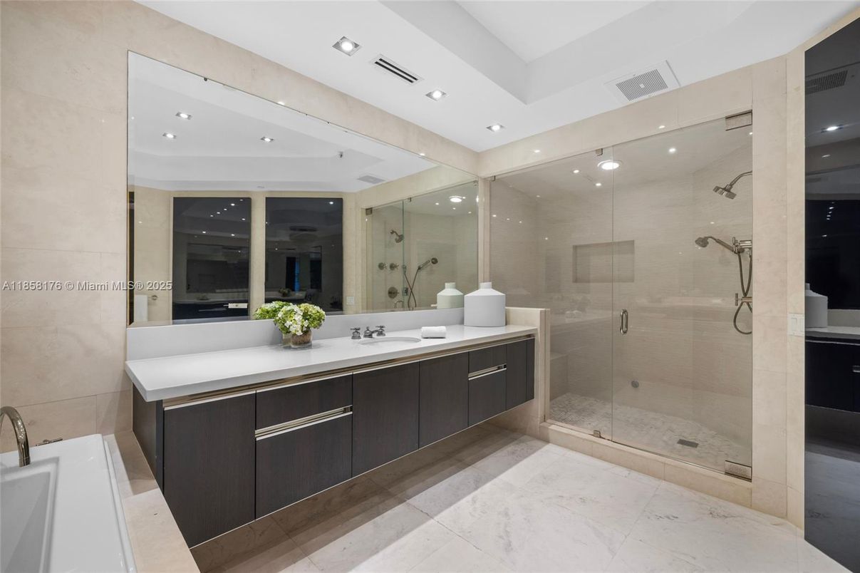 Bathroom, Dual Sink Vanities, Glass Shower, Interior, Marble, Recessed Lighting