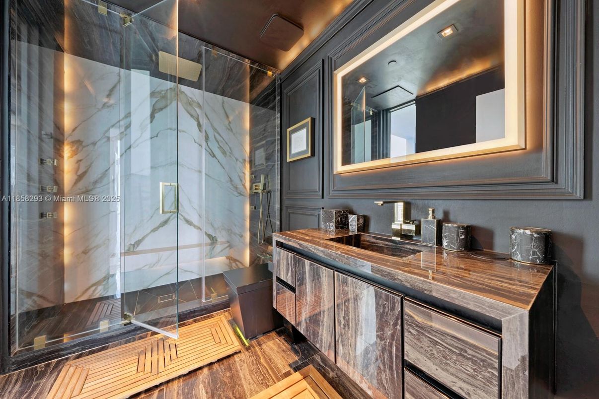 Bathroom, Glass Shower, Interior, Recessed Lighting, Wood Texture Flooring