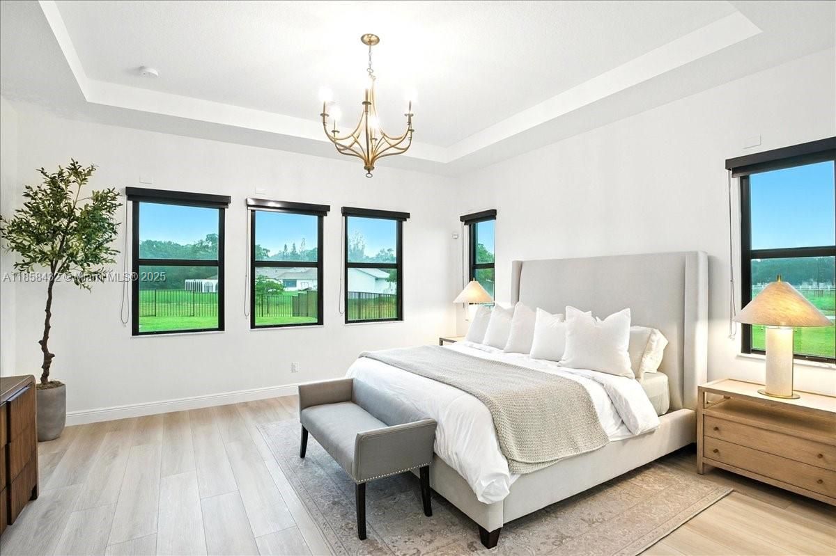 Bedroom, Chandelier, Interior, Wood Texture Flooring