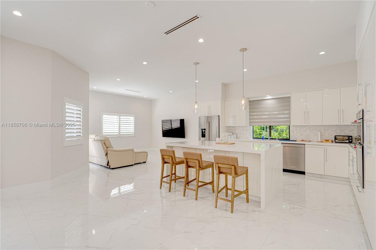 Interior, Kitchen, Marble, Pendant Lights, Recessed Lighting, Stainless Steel Appliances