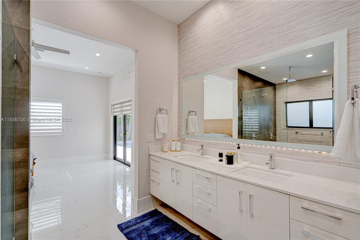 Bathroom, Dual Sink Vanities, Interior, Marble, Recessed Lighting