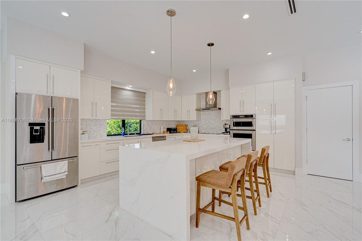 Interior, Kitchen, Marble, Pendant Lights, Recessed Lighting, Stainless Steel Appliances