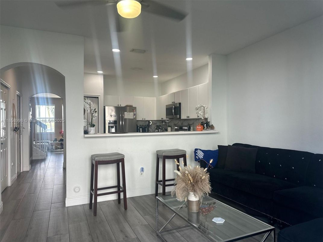 Interior, Kitchen, Living room, Recessed Lighting, Stainless Steel Appliances, Wood Texture Flooring