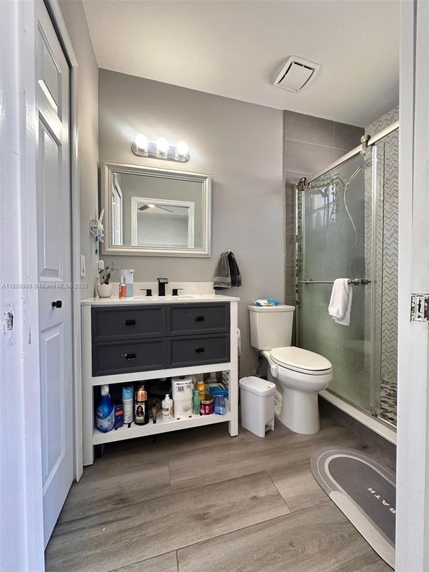 Bathroom, Glass Shower, Interior, Wood Texture Flooring