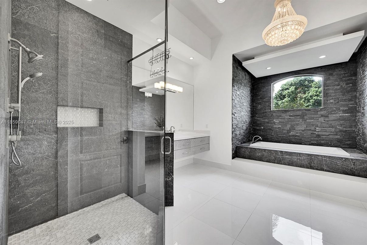 Bathroom, Chandelier, Glass Shower, Interior, Recessed Lighting