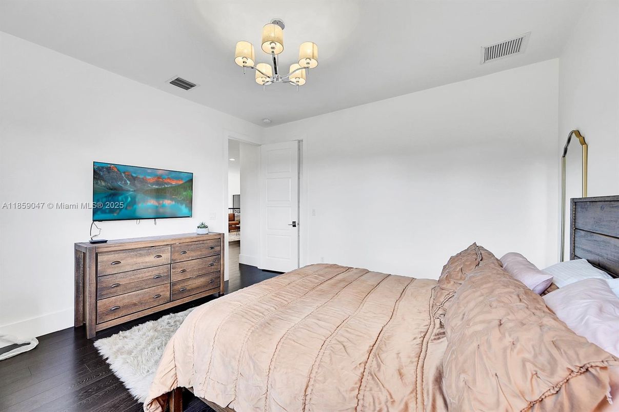 Bedroom, Chandelier, Interior, Wood Texture Flooring
