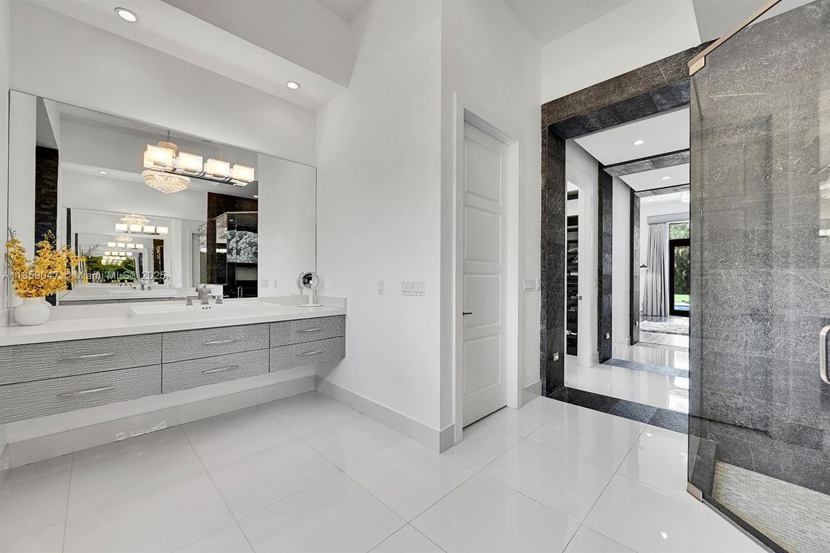 Bathroom, Chandelier, Glass Shower, Interior, Recessed Lighting