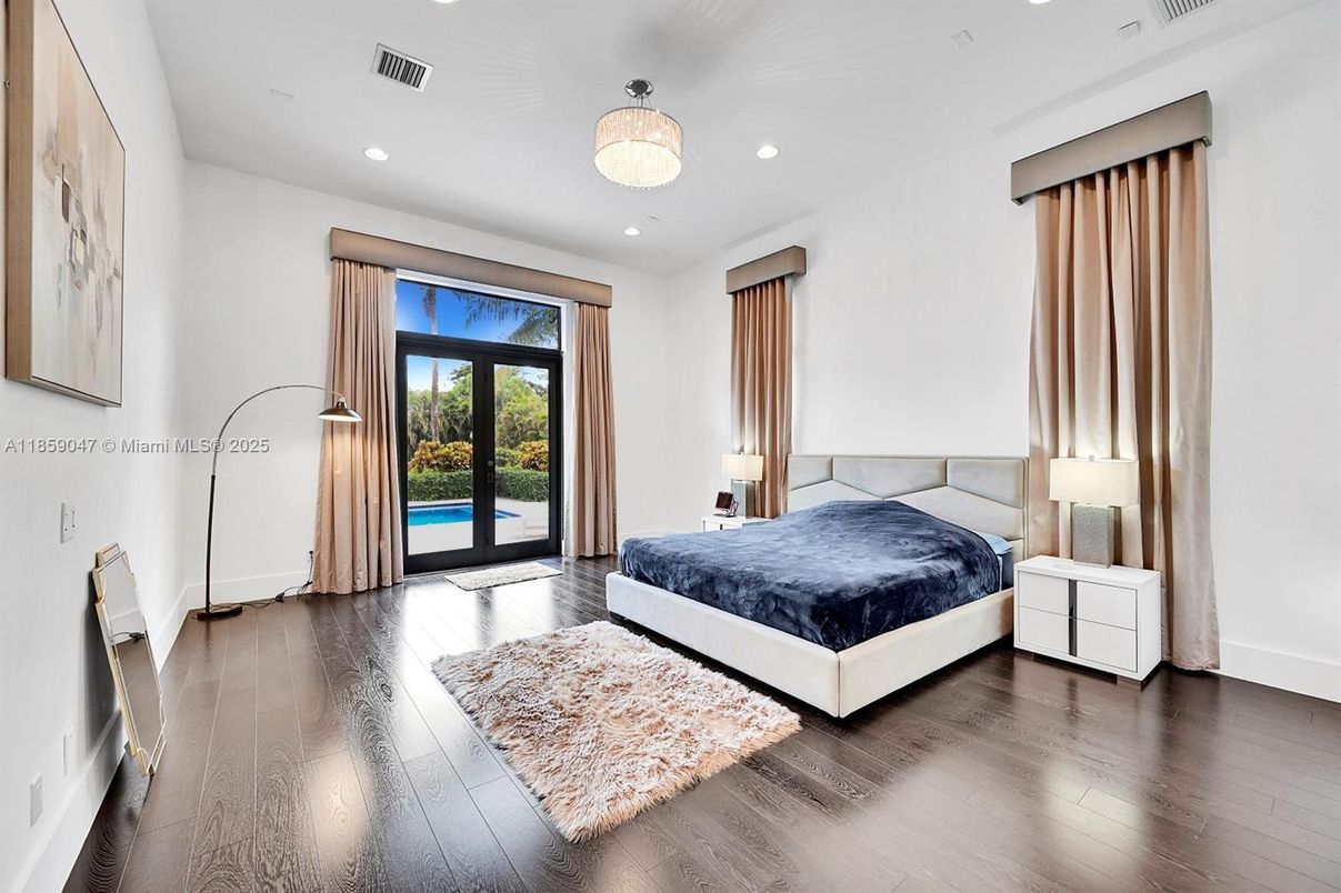 Bedroom, Chandelier, Interior, Recessed Lighting, Wood Texture Flooring