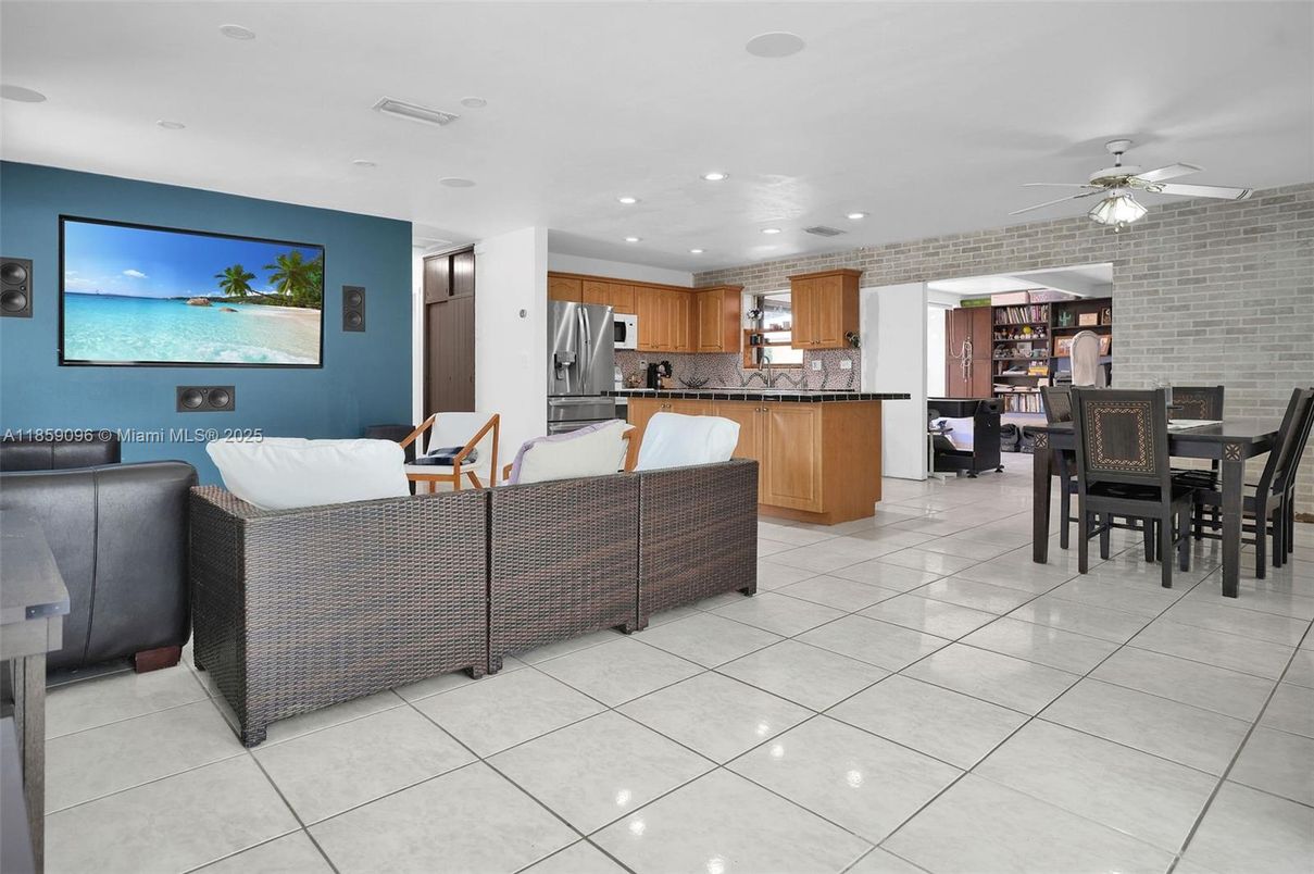 Dining room, Interior, Kitchen, Living room, Recessed Lighting, Stainless Steel Appliances, Stone Walls