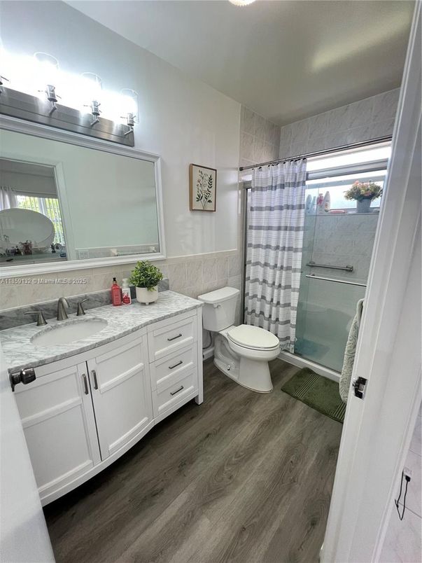 Bathroom, Glass Shower, Interior, Wood Texture Flooring