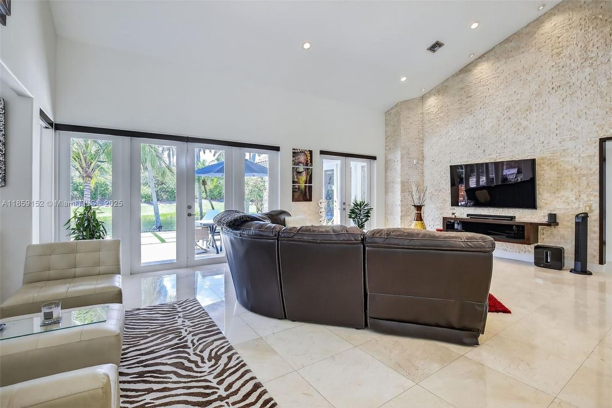 Fireplace, Interior, Living room, Recessed Lighting, Stone Walls