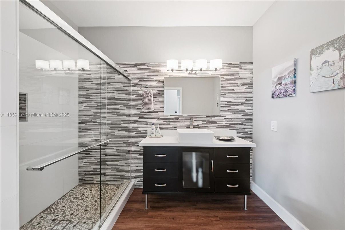 Bathroom, Glass Shower, Interior, Wood Texture Flooring