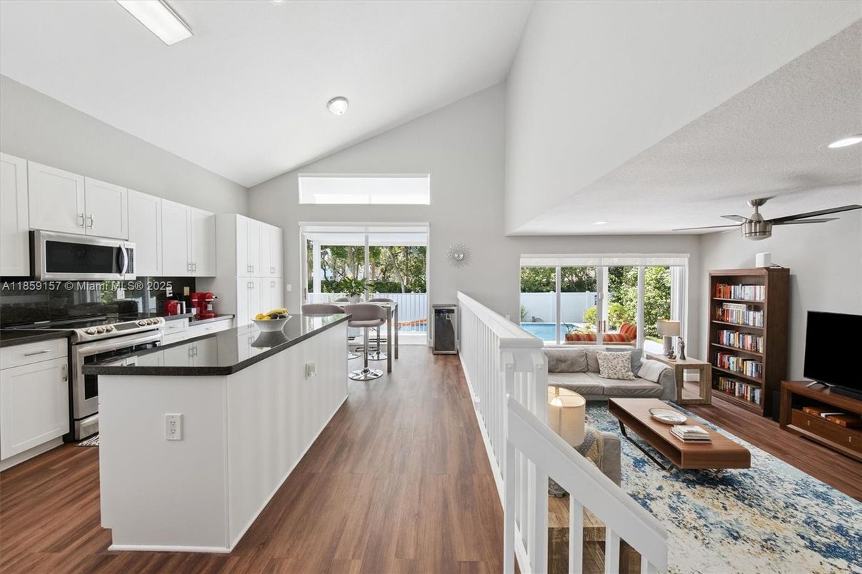 Interior, Kitchen, Living room, Recessed Lighting, Stainless Steel Appliances, Wood Texture Flooring