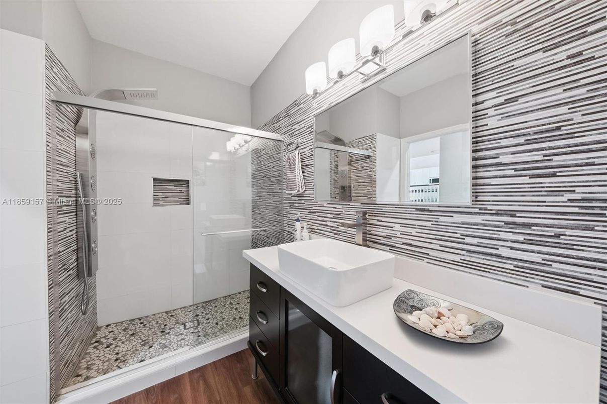 Bathroom, Glass Shower, Interior, Wood Texture Flooring