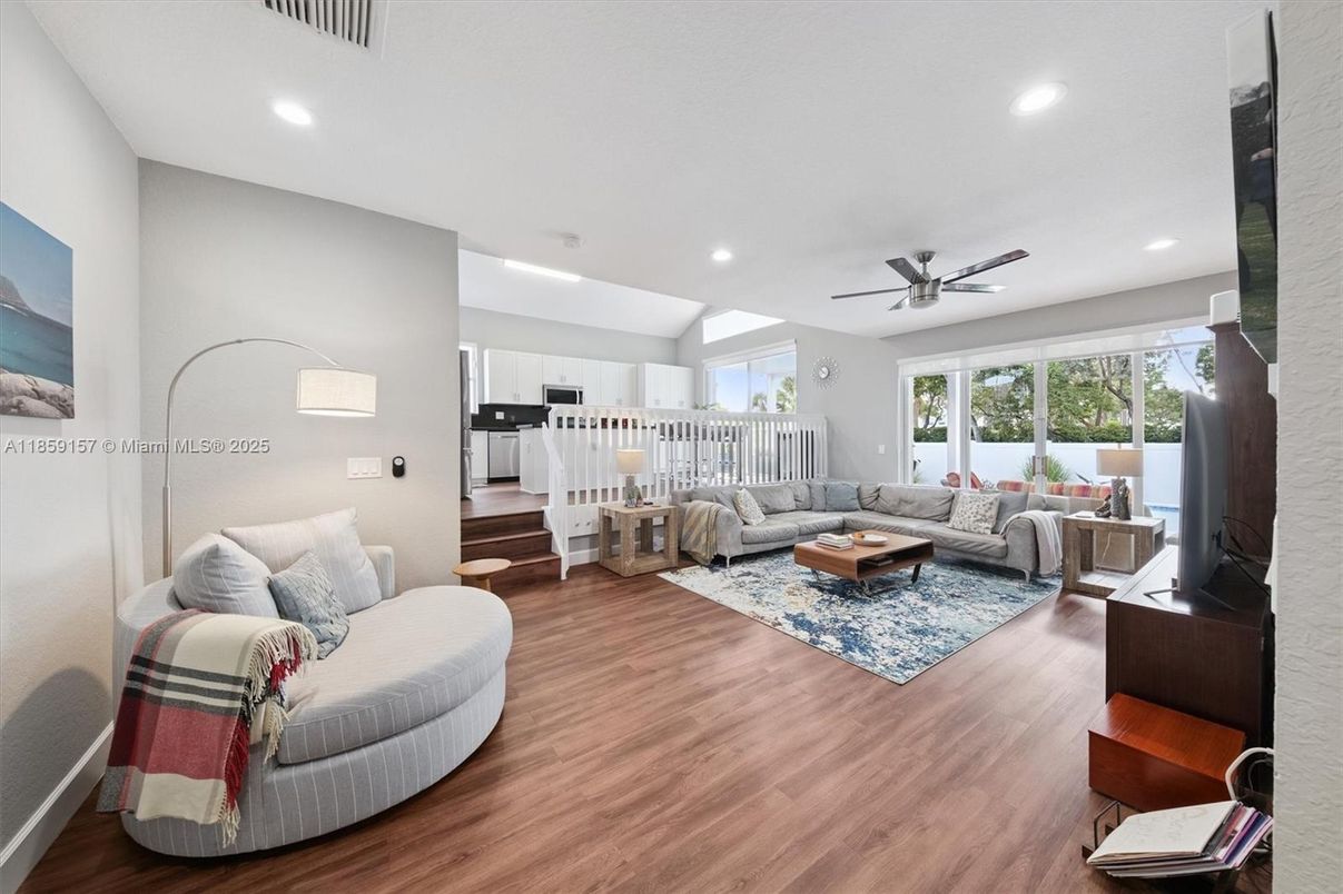Interior, Kitchen, Living room, Recessed Lighting, Stainless Steel Appliances, Wood Texture Flooring