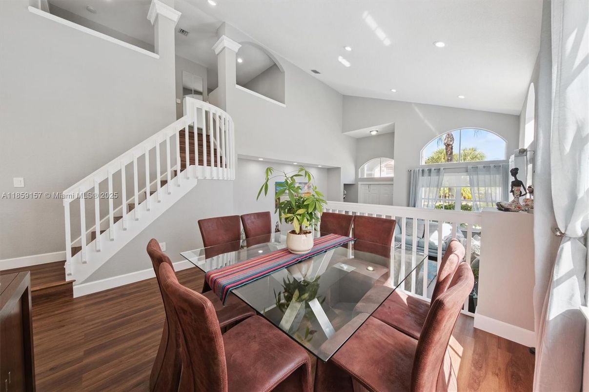 Dining room, Interior, Recessed Lighting, Wood Texture Flooring