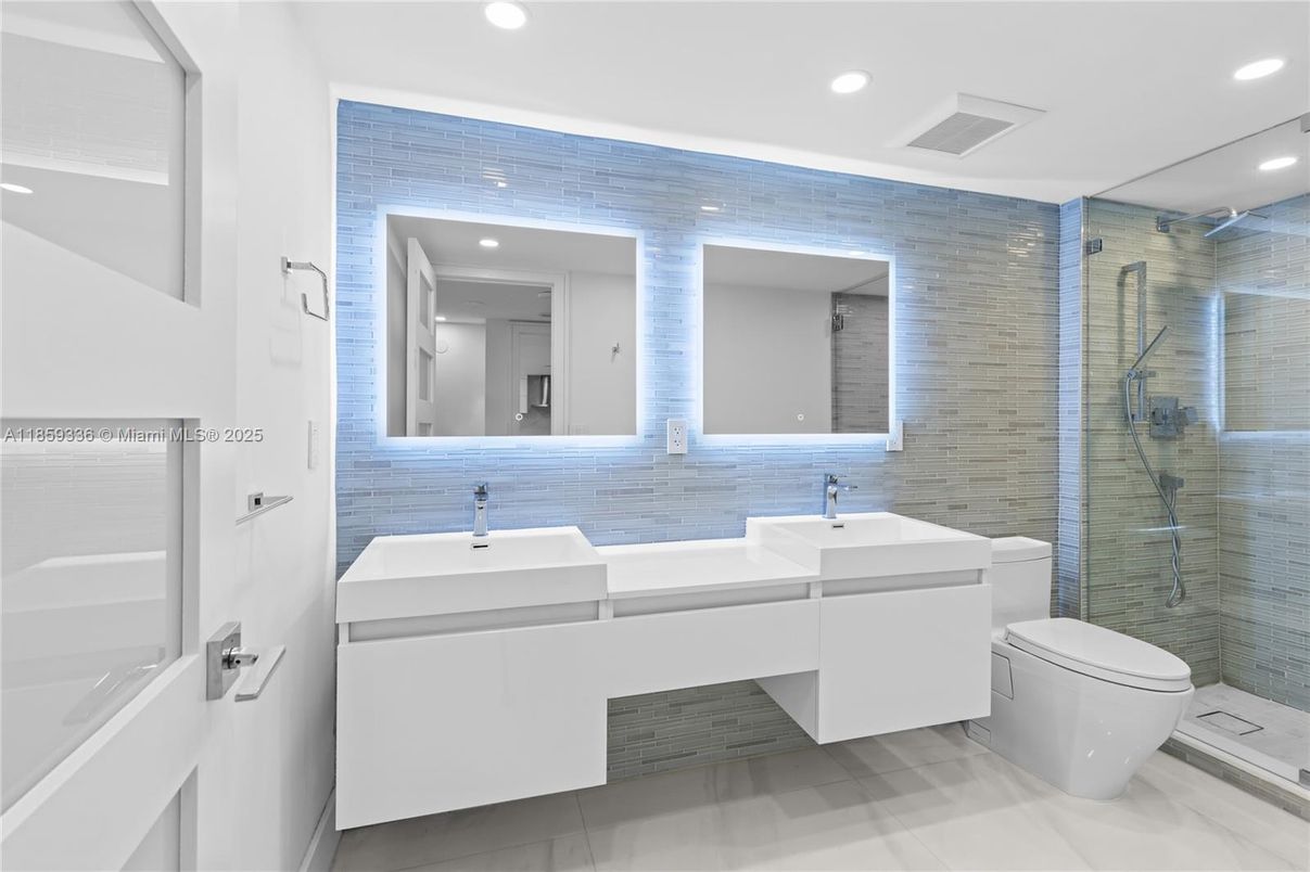 Bathroom, Dual Sink Vanities, Glass Shower, Interior, Recessed Lighting