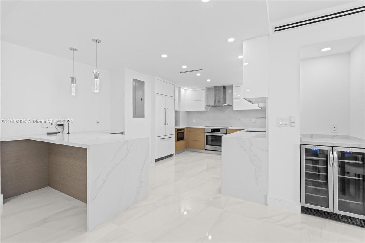 Interior, Kitchen, Marble, Pendant Lights, Recessed Lighting, Stainless Steel Appliances