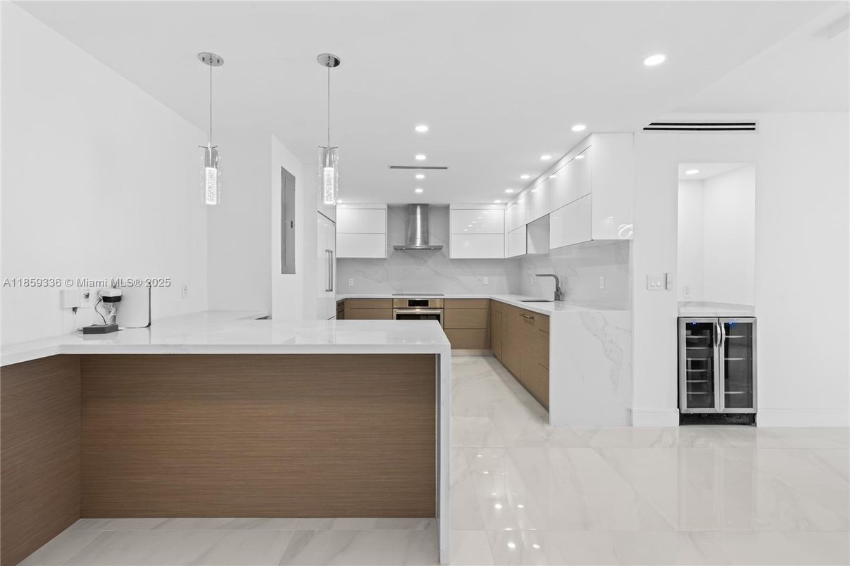 Interior, Kitchen, Marble Walls, Pendant Lights, Recessed Lighting