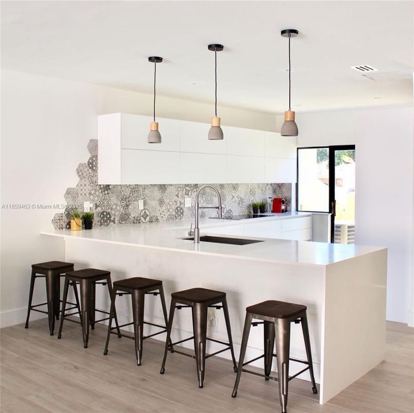 Interior, Kitchen, Pendant Lights, Wood Texture Flooring