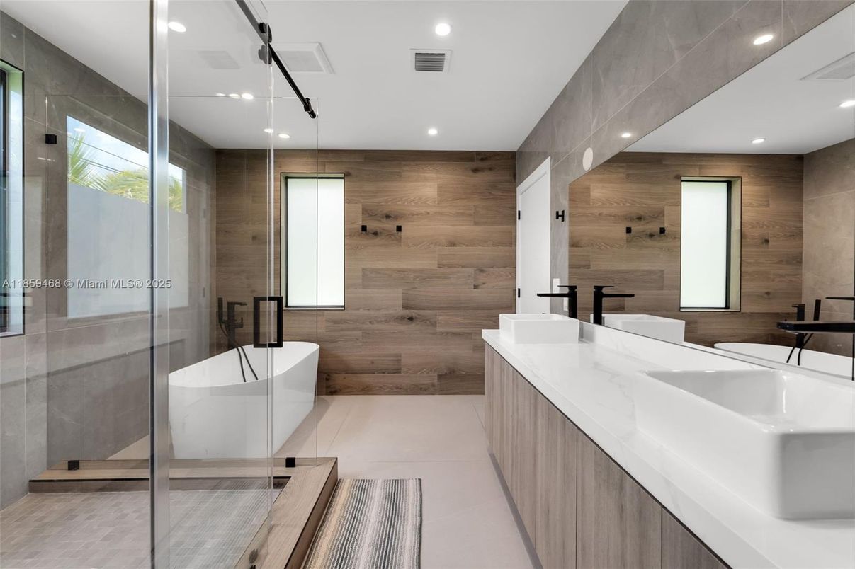 Bathroom, Dual Sink Vanities, Free Standing Baths, Glass Shower, Interior, Recessed Lighting, Wooden Walls