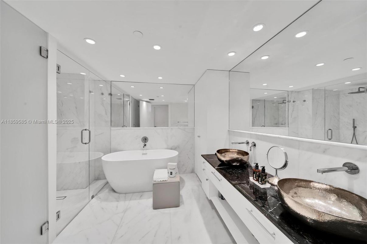 Bathroom, Dual Sink Vanities, Free Standing Baths, Glass Shower, Interior, Marble, Marble Walls, Recessed Lighting