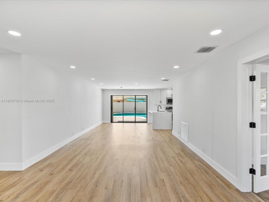 Empty room, Interior, Kitchen, Recessed Lighting, Wood Texture Flooring