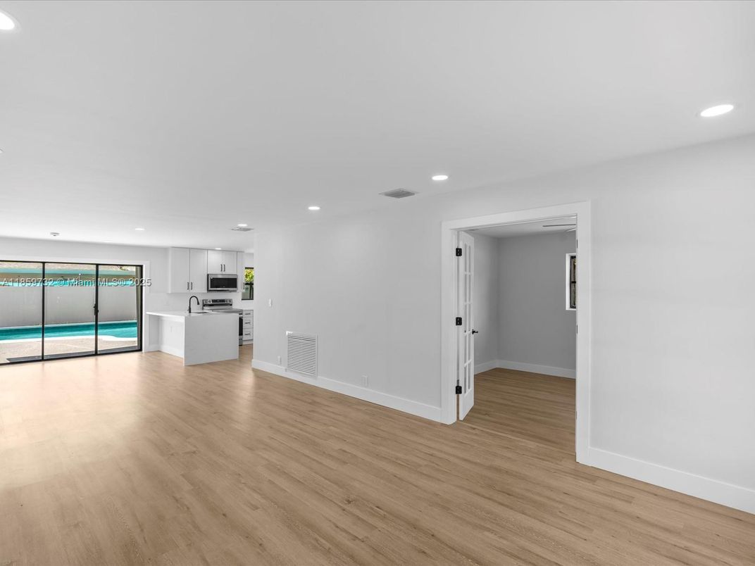 Empty room, Interior, Kitchen, Recessed Lighting, Wood Texture Flooring