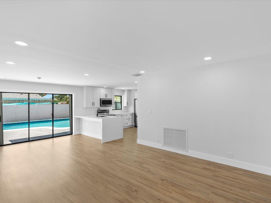 Empty room, Interior, Kitchen, Recessed Lighting, Wood Texture Flooring