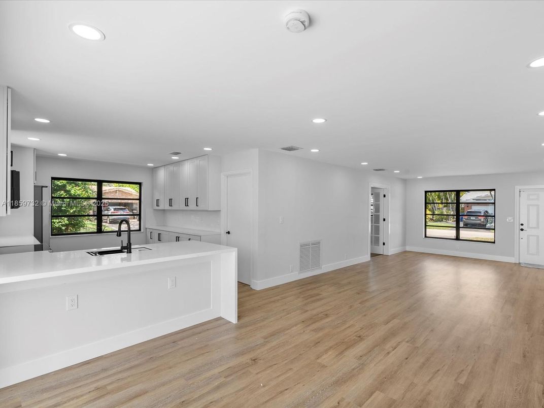 Empty room, Interior, Kitchen, Recessed Lighting, Wood Texture Flooring