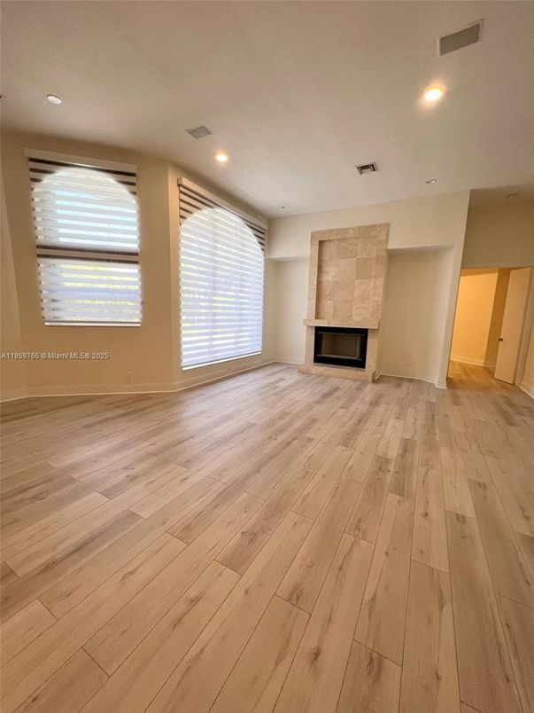 Empty room, Fireplace, Interior, Recessed Lighting, Wood Texture Flooring