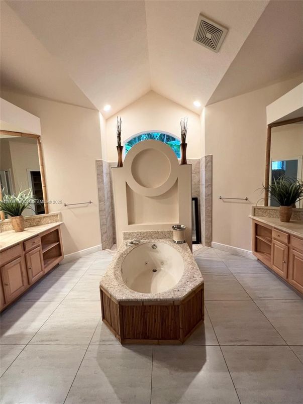 Bathroom, Dual Sink Vanities, Fireplace, Interior, Recessed Lighting