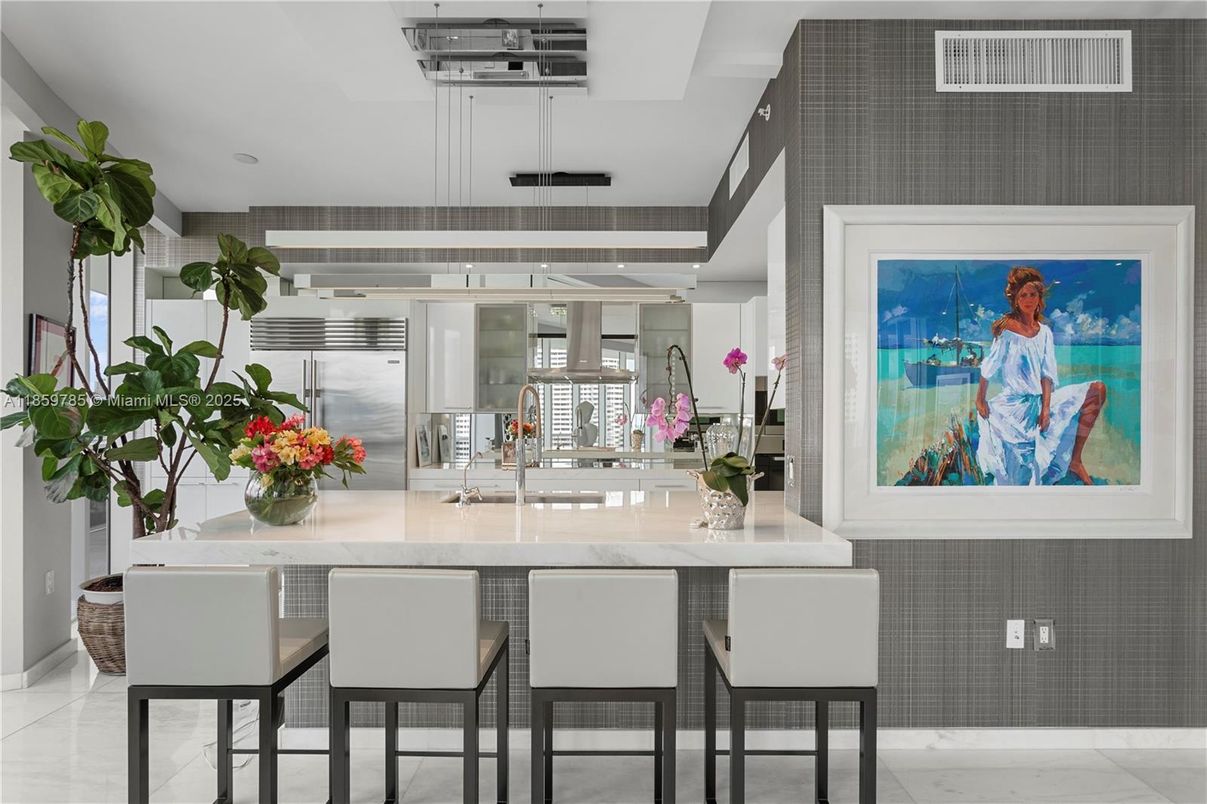 Interior, Kitchen, Marble, Pendant Lights, Recessed Lighting, Stainless Steel Appliances