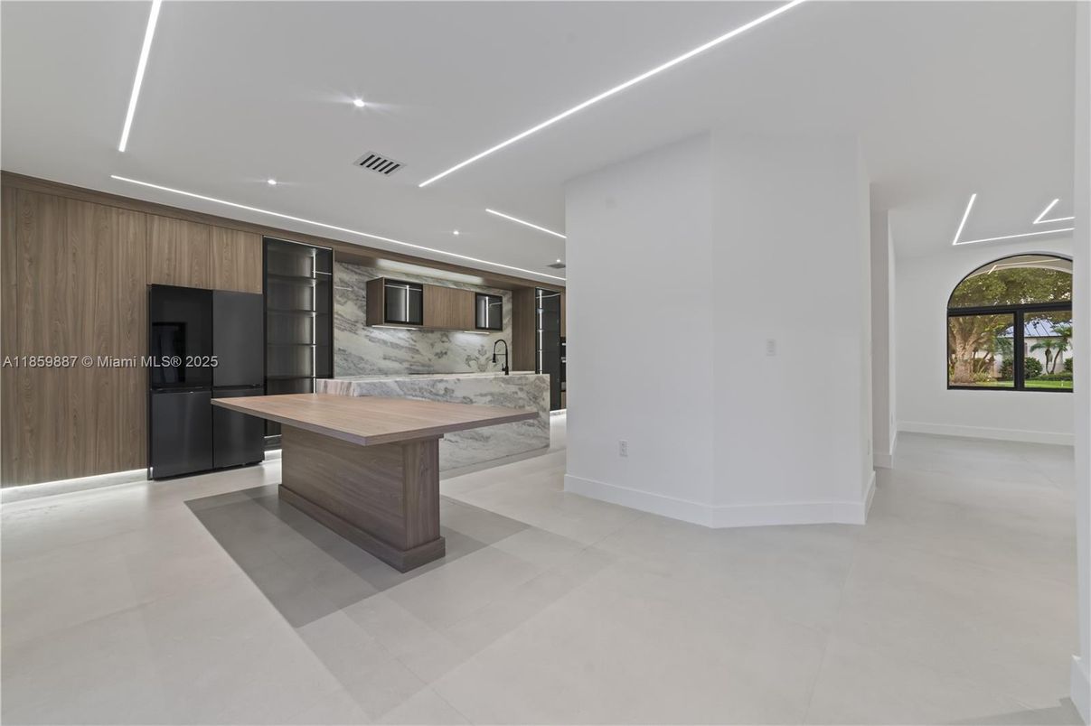 Interior, Kitchen, Marble Walls, Recessed Lighting, Stainless Steel Appliances, Wooden Walls