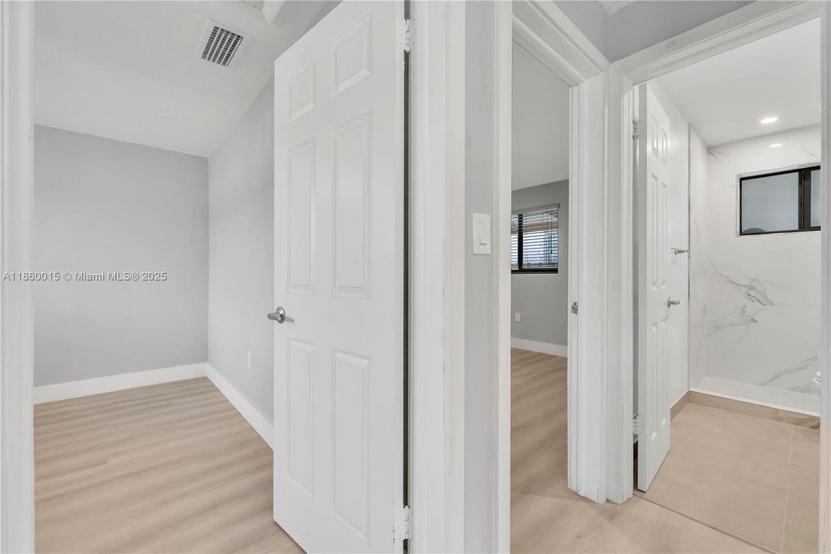 Bathroom, Interior, Marble Walls, Recessed Lighting, Wood Texture Flooring