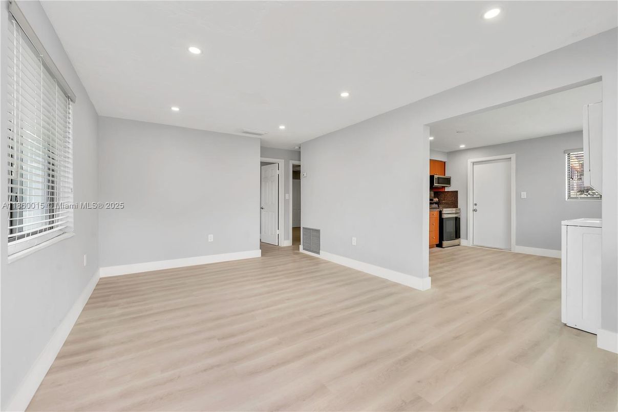 Empty room, Interior, Kitchen, Recessed Lighting, Wood Texture Flooring